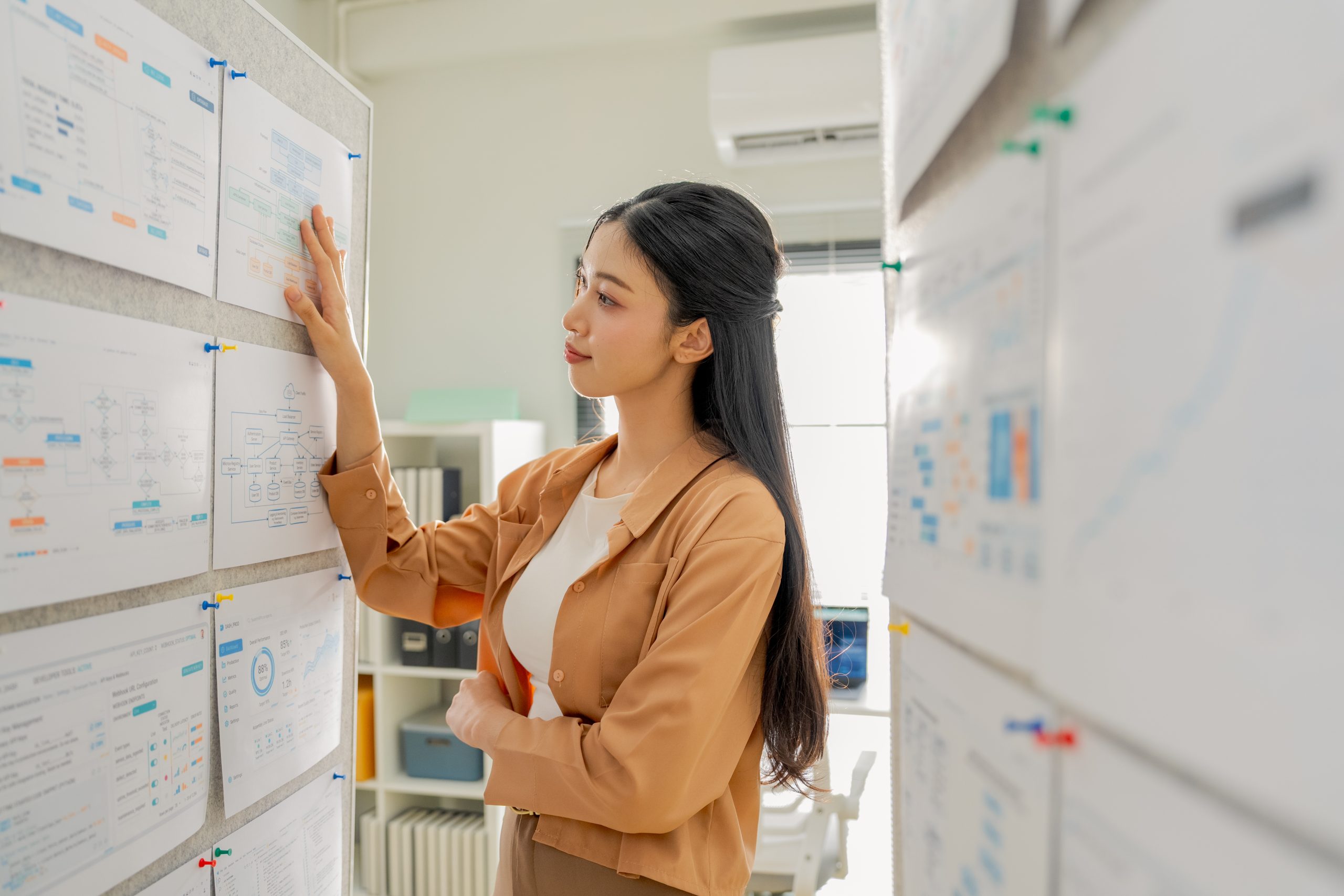 Thoughtful businesswoman standing with arms crossed reviewing data reports on office wall, contemplative pause during strategic analysis, confidence and decision making concept